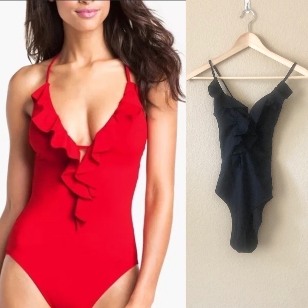 W swim one piece ruffled swimsuit black